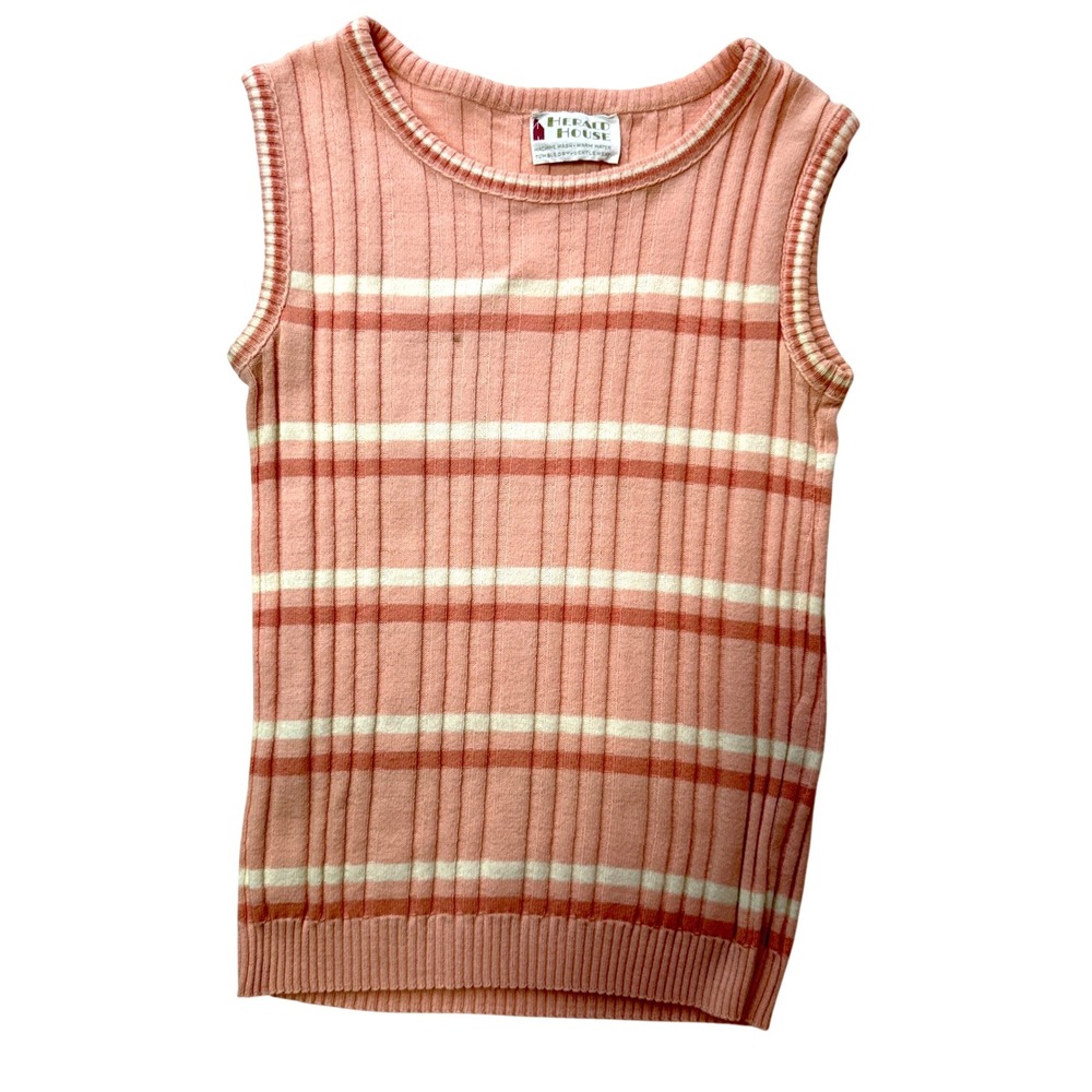 Vintage 70s Knit Top Herald House Peach & Cream Striped Ribbed Sweater Vest